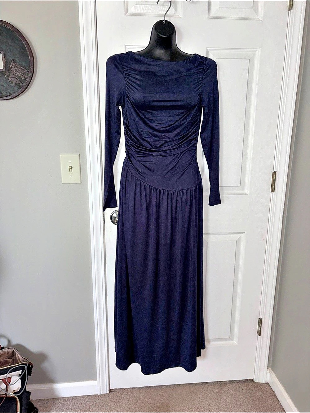 Mango Boat-Neck Ruched Dress Long Sleeve Maxi Blue Medium